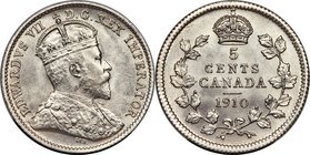 Edward VII "Round Leaves" 5 Cents 1910 MS65 PCGS, Ottawa mint, KM13. Maple/Round Leaves variety. Currently the second-finest example certified by eith...