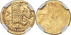 ETRURIA. Populonia. Ca. 3rd century BC. AV 25-asses (12mm, 1.39 gm). NGC MS 5/5 - 4/5. Head of roaring lion right with protruding tongue; XXV (mark of...