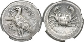 SICILY. Acragas. Ca. 465-446 BC. AR tetradrachm (27mm, 17.25 gm, 5h). NGC Choice XF 4/5 - 4/5. AKRAC-ANTOΣ (partially retrograde), eagle with folded w...