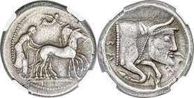 SICILY. Gela. Ca. 480-470 BC. AR tetradrachm (27mm, 17.28 gm, 12h). NGC XF S 5/5 - 5/5. Charioteer driving walking quadriga right, on double exergual ...