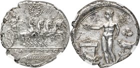 SICILY. Selinus. Ca. 417-409 BC. AR tetradrachm (27mm, 16.91 gm, 7h). NGC MS 4/5 - 3/5, Fine Style. ΣEΛINONTION, Nike driving galloping quadriga right...