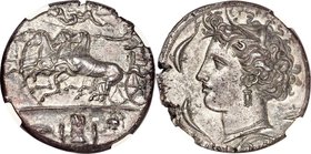 SICILY. Syracuse. Time of Dionysius I (405-367 BC). AR decadrachm (35mm, 42.69 gm, 3h). NGC MS 5/5 - 5/5, Fine Style. Reverse die signed by Euainetos,...