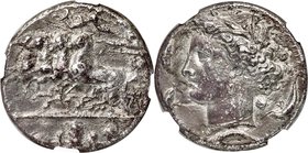 SICILY. Syracuse. Time of Dionysius I (405-367 BC). AR decadrachm (34mm, 41.47 gm, 7h). NGC Choice XF 5/5 - 2/5, Fine Style. Unsigned dies by the "she...
