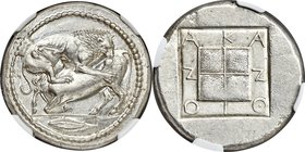 MACEDON. Acanthus. Ca. 470-430 BC. AR tetradrachm (28mm, 17.12 gm, 4h). NGC MS S 5/5 - 4/5, Fine Style. Di-, magistrate. Lion springing right, biting ...