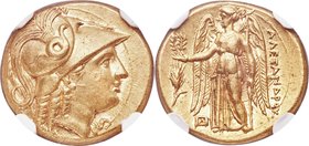 MACEDONIAN KINGDOM. Alexander III the Great (336-323 BC). AV stater (17mm, 8.55 gm, 12h). NGC MS S 5/5 - 5/5, Fine Style. Posthumous issue of Abydus, ...