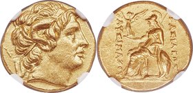 THRACIAN KINGDOM. Lysimachus (305-281 BC). AV stater (18mm, 8.43 gm, 12h). NGC MS S 5/5 - 4/5. Ephesus, ca. 295/4-289/8 BC. Diademed head deified Alex...