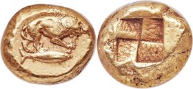 MYSIA. Cyzicus. Ca. 450-350 BC. EL stater (20mm, 15.98 gm). NGC XF 4/5 - 4/5. Lion standing right, holding hilt of harpa in right forepaw and biting t...