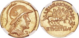 BACTRIAN KINGDOM. Eucratides I the Great (ca. 170-145 BC). AV stater (20mm, 8.47 gm, 11h). NGC Choice AU 5/5 - 4/5. Diademed and draped bust of Eucrat...