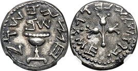 JUDAEA. The Jewish War (AD 66-70). AR half-shekel (17mm, 6.82 gm, 12h). NGC AU 5/5 - 3/5, edge cuts. Jerusalem (Temple?) mint, dated Year 2 (April AD ...