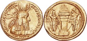 SASANIAN KINGDOM. Varhran (Bahram) I (AD 273-276). AV dinar (21mm, 7.50 gm, 3h). XF. Diademed and draped bust of Varhran I right, wearing radiate crow...