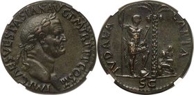 Vespasian (AD 69-79). AE sestertius (31mm, 19.71 gm, 6h). NGC AU S 5/5 - 5/5, Fine Style. Judaea Capta issue. Rome, AD 71. IMP CAES VESPASIAN AVG P M ...