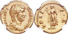 Hadrian (AD 117-138). AV aureus (19mm, 7.06 gm, 6h). NGC AU 4/5 - 4/5, Fine Style. Rome, AD 134-138. HADRIANVS-AVG COS III P P, bare headed, draped bu...