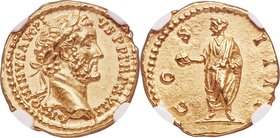 Antoninus Pius (AD 138-161). AV aureus (19mm, 7.24 gm, 6h). NGC MS 5/5 - 4/5. Rome, AD 153-154. ANTONINVS AVG PI-VS P P TR P XVII, laureate head of An...