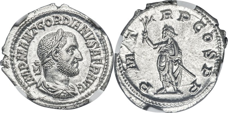 Gordian I Africanus (March-April AD 238). AR denarius (20mm, 3.39 gm, 1h). NGC M...