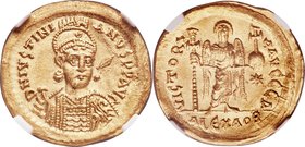 Justinian I the Great (AD 527-565). AV solidus (21mm, 4.47 gm, 6h). NGC MS 5/5 - 3/5, brushed, wavy flan. Egypt, Alexandria, 1st officina, ca. AD 535-...