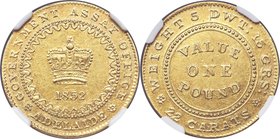 South Australia. British Colony - Victoria gold "Adelaide" Pound 1852 AU58 NGC, KM1, Fr-3. The exceedingly rare Type 1 variety with two linear circles...
