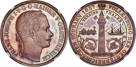 Franz Joseph I "Vienna-Trieste Railway" 2 Taler 1857-A MS66 Prooflike NGC, Vienna mint, KM2246.2. Mintage: 1,644. One-year type with laureate wreath t...