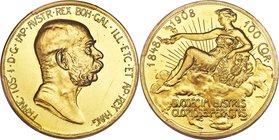 Franz Joseph I gold 100 Corona 1908 MS63 Prooflike PCGS, Kremnitz mint, KM2812, Fr-514. Deeply mirrored throughout the fields with a near-medallic deg...