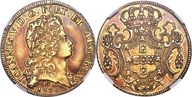 João V gold 12800 Reis (Dobra) 1730-B XF45 NGC, Bahia mint, KM147, LMB-106. Third Shield variety. An attractively detailed and certainly uniquely tone...