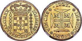 João V gold 20000 Reis 1727-M MS62 NGC, Minas Gerais mint, KM117, LMB-251. An imposing selection of this final date of a difficult four-year series, m...