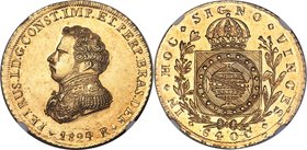 Pedro I gold 6400 Reis 1824-R MS62 NGC, Rio de Janeiro mint, KM370.1, LMB-599. The highest valued date and variety of any of the Pedro I 6400 Reis ser...