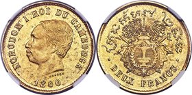 Norodom I gold Restrike 2 Francs 1860 MS64 NGC, KM-Pn9. An extremely scarce off-metal restrike in gold. According to Lecompte, while these coins are d...