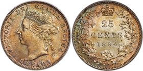 Victoria 25 Cents 1894 MS66 PCGS, London mint, KM5. Tied for finest certified, at the pinnacle of quality for the type. Retaining full luster, handsom...