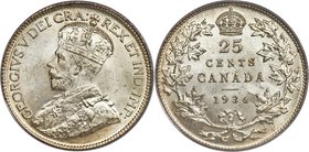 George V "Dot" 25 Cents 1936 MS65 PCGS, Royal Canadian Mint, KM24a. Variety with a dot below wreath on reverse, denoting its striking in 1937 during t...