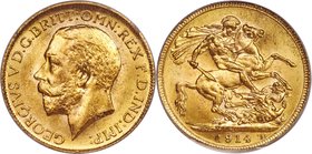 George V gold Sovereign 1914-C MS65 PCGS, Ottawa mint, KM20, S-3997. Only three examples have been graded more highly than this gem by either NGC or P...