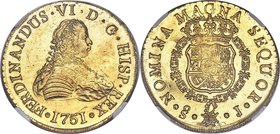 Ferdinand VI gold 8 Escudos 1751 So-J MS66 S NGC, Santiago mint, KM3, Cal-72, Onza-644. It will come as no surprise that this absolutely extraordinary...