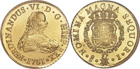 Ferdinand VI gold 8 Escudos 1751 So-J MS64 NGC, Santiago mint, KM3, Fr-5. With a nearly prooflike sheen that covers the fields and frosted central des...