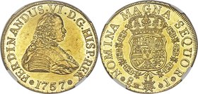 Ferdinand VI gold 8 Escudos 1757 So-J MS62+ NGC, Santiago mint, KM3. Nearly the peak of quality for this scarce later type, with just one MS63 in NGC'...