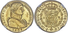 Ferdinand VII gold "Imaginary Bust" 8 Escudos 1808 So-FJ MS63 NGC, Santiago mint, KM72. "Imagined" bust. The first and scarcest date of this "Imaginar...