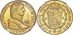 Ferdinand VII gold 8 Escudos 1809 So-FJ MS63+ NGC, Santiago mint, KM72, Fr-28. An exquisite specimen of this large gold denomination, true Mint State ...