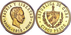 Republic gold Proof 5 Pesos 1915 PR66 Cameo NGC, Philadelphia mint, KM19, Fr-4. Mintage: 50. A rare Proof issue, cloaked in vibrant canary-yellow tone...