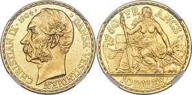 Danish Colony. Christian IX gold 10 Daler (50 Francs) 1904 (h)-GJ MS64 NGC, Copenhagen mint, KM73. Immensely popular, a highly collected colonial type...