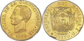 Republic gold 8 Escudos 1852/0 QUITO-GJ AU58 NGC, Quito mint, KM34.1, Onza-1772. A type seldom encountered in higher AU grades; even the Eliasberg spe...