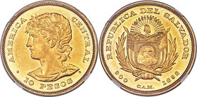 Republic gold 10 Pesos 1892-C.A.M. MS61 NGC, San Salvador mint, KM118, Fr-2. Tied with just one other representative for highest graded by NGC, with n...