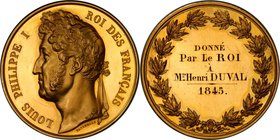 Louis Philippe I gold Specimen "Kings Award" Medal ND (Awarded 1845) SP63 PCGS, 45mm. 82.84gm. By U. Vatinelle. Awarded to Mr. Henri Duval in 1845, wi...