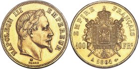 Napoleon III gold 100 Francs 1864-A MS64 PCGS, Paris mint, KM802.1, Fr-551, Gad-1136. A fully struck example of this instantly recognizable issue, cre...