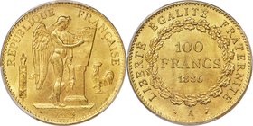 Republic gold 100 Francs 1886-A MS65 PCGS, Paris mint, KM832, Gad-1137. Scarcely ever encountered in gem, this elegantly engraved and ever-popular lar...