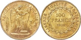 Republic gold 100 Francs 1901-A MS65 PCGS, Paris mint, KM832, Fr-552, Gad-1137. Tied for highest certified with one other at NGC, this iconic gold iss...