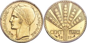 Republic gold Specimen Essai 100 Francs 1929 SP64 PCGS, Paris mint, VG-5223, Maz-2541. Mintage: 9. By P. Turin. Fully struck and displaying a hint of ...