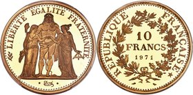 Republic gold Specimen Piefort 10 Francs 1971 SP69 PCGS, Paris mint, KM-P436. An exceptional specimen offering a full cameo contrast, the fields servi...
