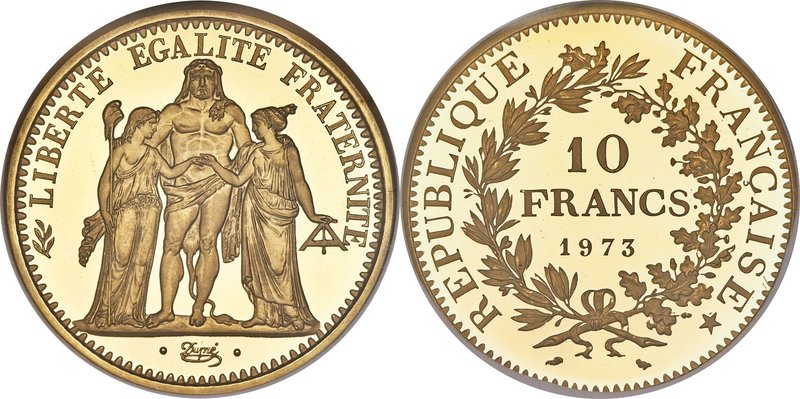 Republic gold Proof Piefort 10 Francs 1973 PR69 Ultra Cameo NGC, Paris mint, KM-...