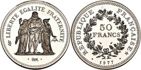 Republic platinum Specimen Piefort 50 Francs 1977 SP67 PCGS, Paris mint, KM-P592. Rare, with only 19 examples of this date issued. Sharp devices compl...