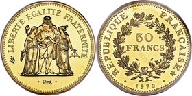 Republic gold Specimen Piefort 50 Francs 1979 SP68 PCGS, Paris mint, KM-P651. Mintage: 400. This nearly unhandled Specimen offers clear mirrorlike fie...