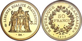 Republic gold Proof Piefort 50 Francs 1979 PR67 Ultra Cameo NGC, Paris mint, KM-P651. Mintage: 400. Sharp and reflective, with the devices standing in...