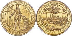 Bavaria. Maximilian I gold 5 Ducat 1640 MS61 NGC, Munich mint, KM269, Fr-196. Variety with date divided by city view. A splendid 17th century gold typ...
