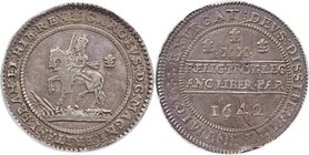 Charles I (1627-1649) Pound 1642 XF40 NGC, Oxford mint, Plume mm, S-2940, N-2398, Brooker-860. Shrewsbury horseman trampling arms including cannon. An...
